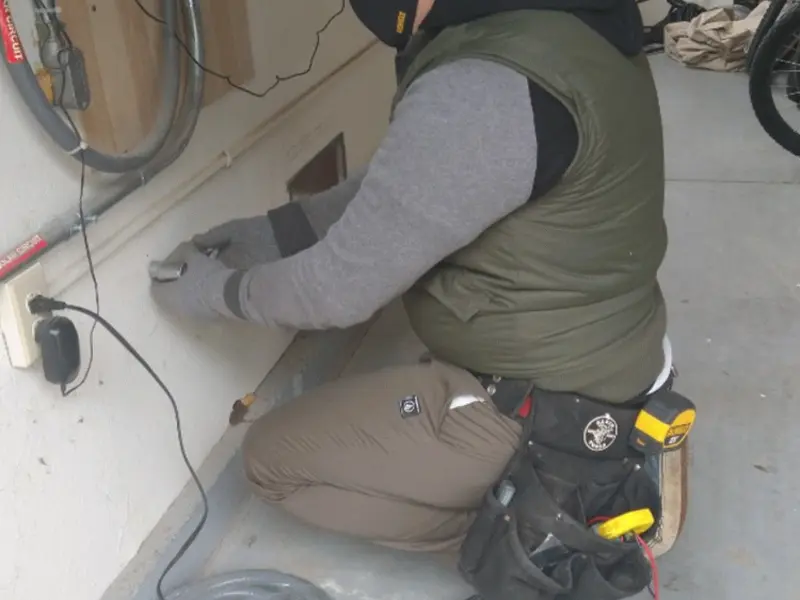 Electrician performing outlet wiring in a North River Shores garage